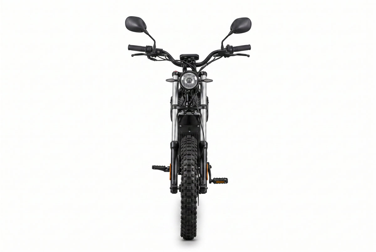 JE-20 – Vista frontal com garfo invertido e pneu knobby
