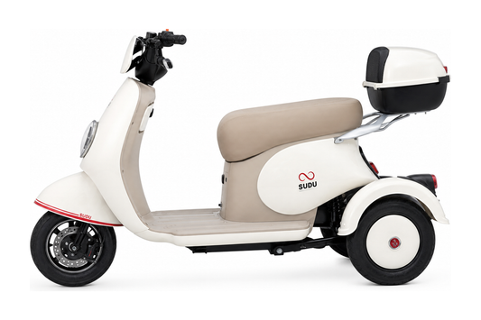 SUDU A3T – Vista lateral branco pérola com baú e detalhe vermelho