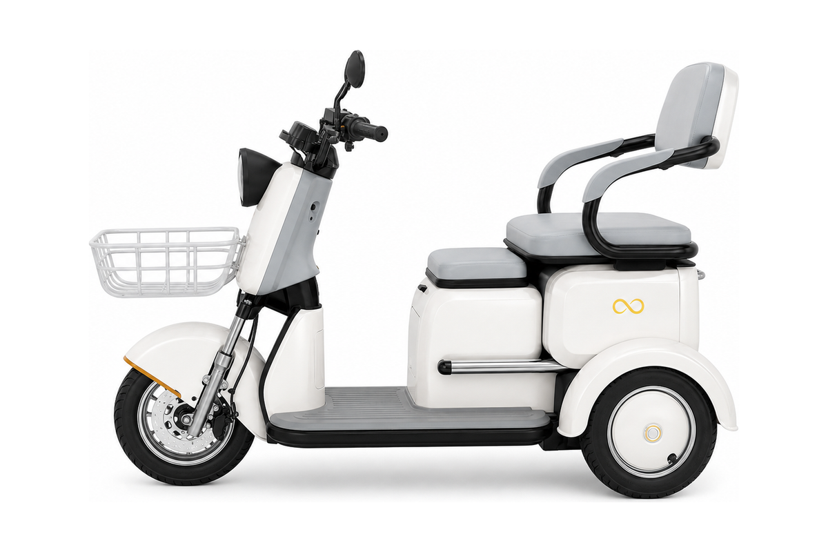 SUDU A13T – Vista lateral branco com banco cinza e cesta dianteira