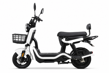 JE-7 – Vista lateral branca com cesto e bagageiro