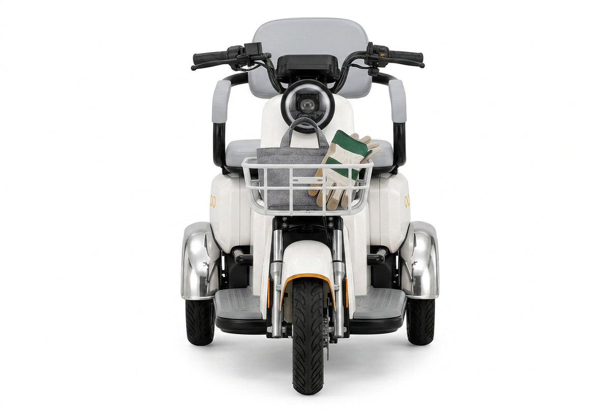 SUDU A13T – Vista frontal com farol LED, cesta e para-lamas cromados